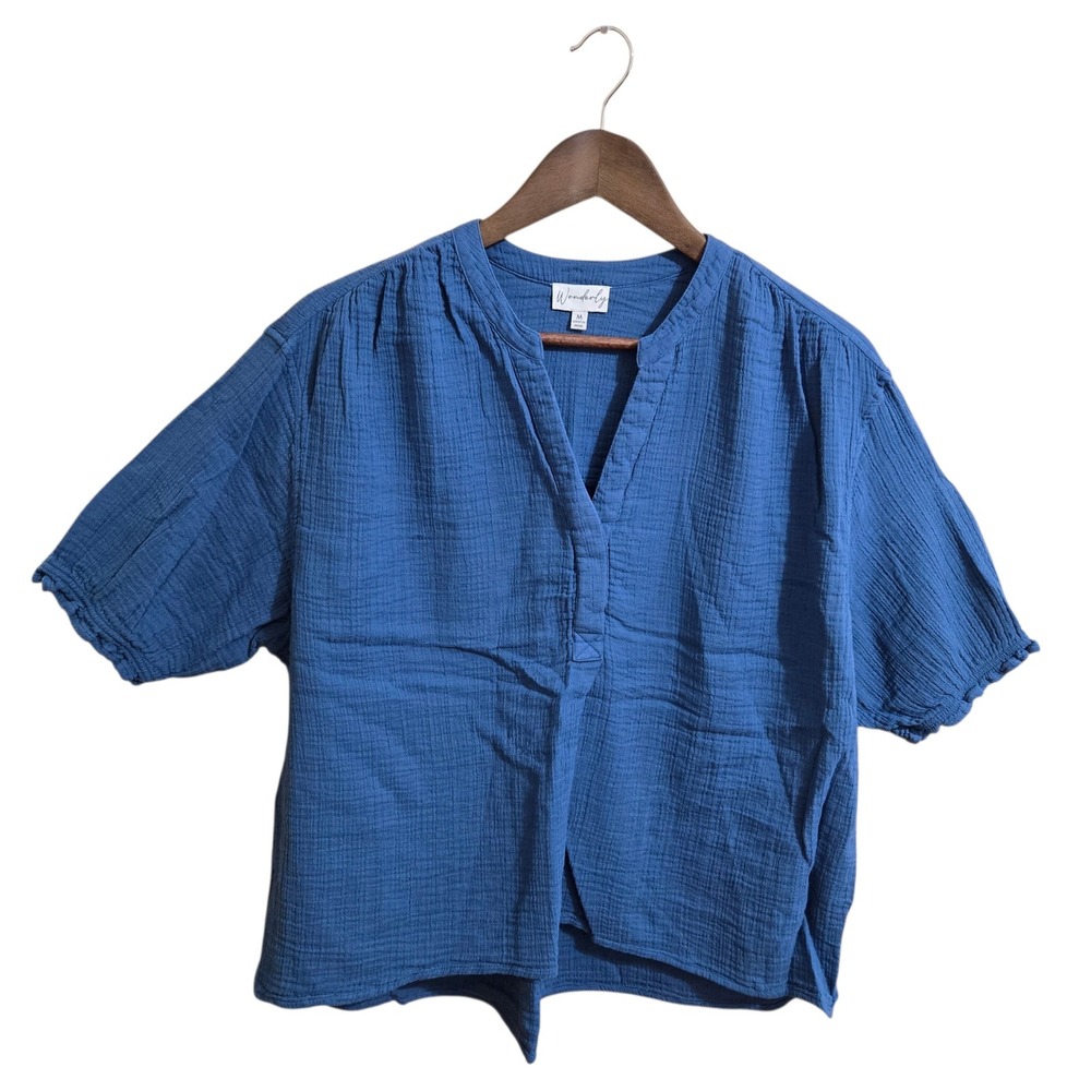 Wonderly Blue Cotton Gauze Split V-Neck‎ Short Puff Sleeve Blouse Top Mens M